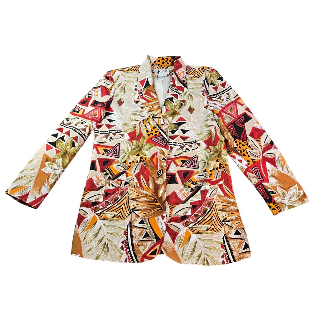 Vintage Joyce 80s Geometric Tropical Rayon Blazer Women Jacket Size 8 Multicolor